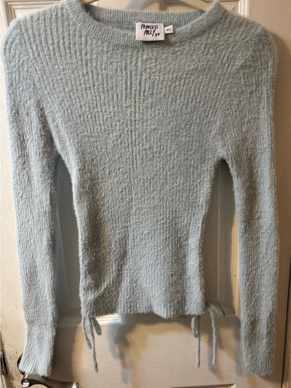 Princess Polly Pale Blue Fuzzy Crewneck Sweater with Hem Ties